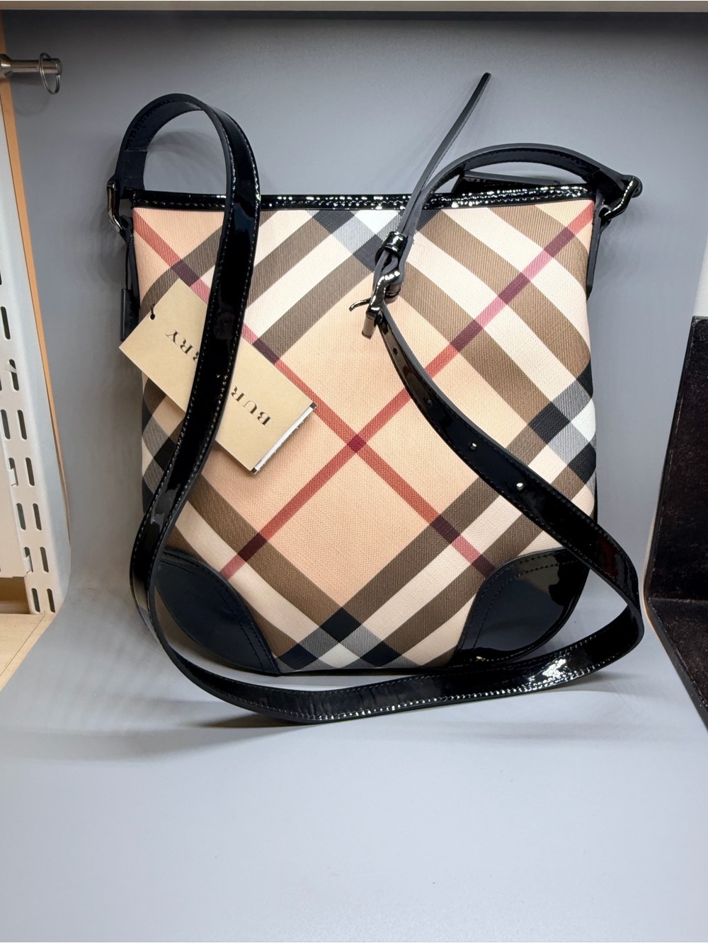 Burberry Classic Check Crossbody with Black Patent Trim